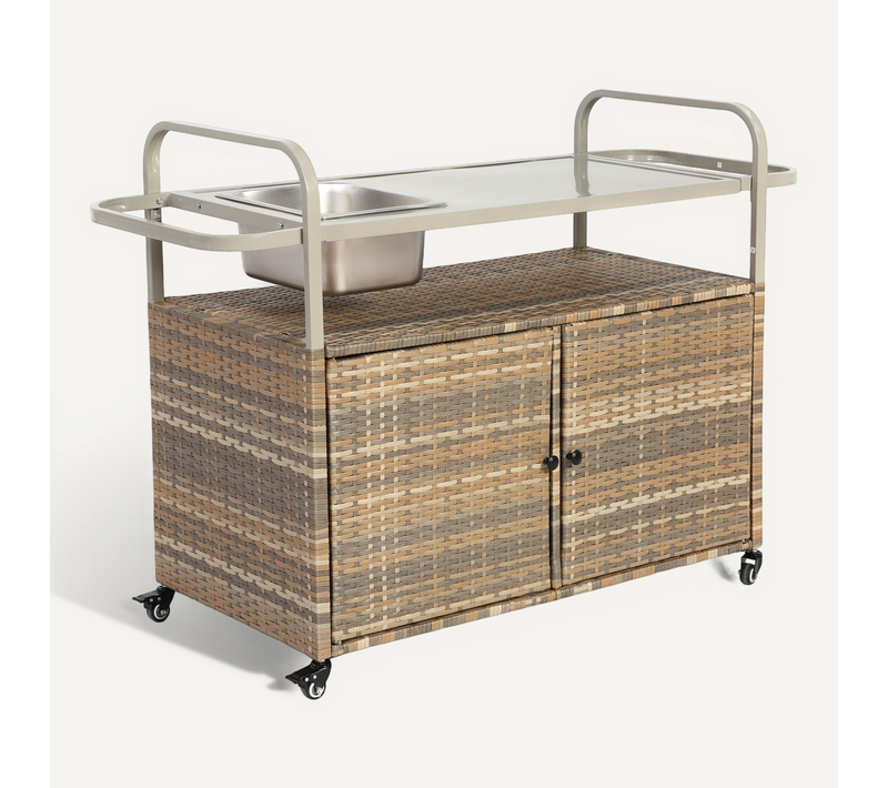 Bar De Jardin Mobile En Rotin Pe Avec Plateau Acier, Rangement Et Seau à Glace, Beige Moderne