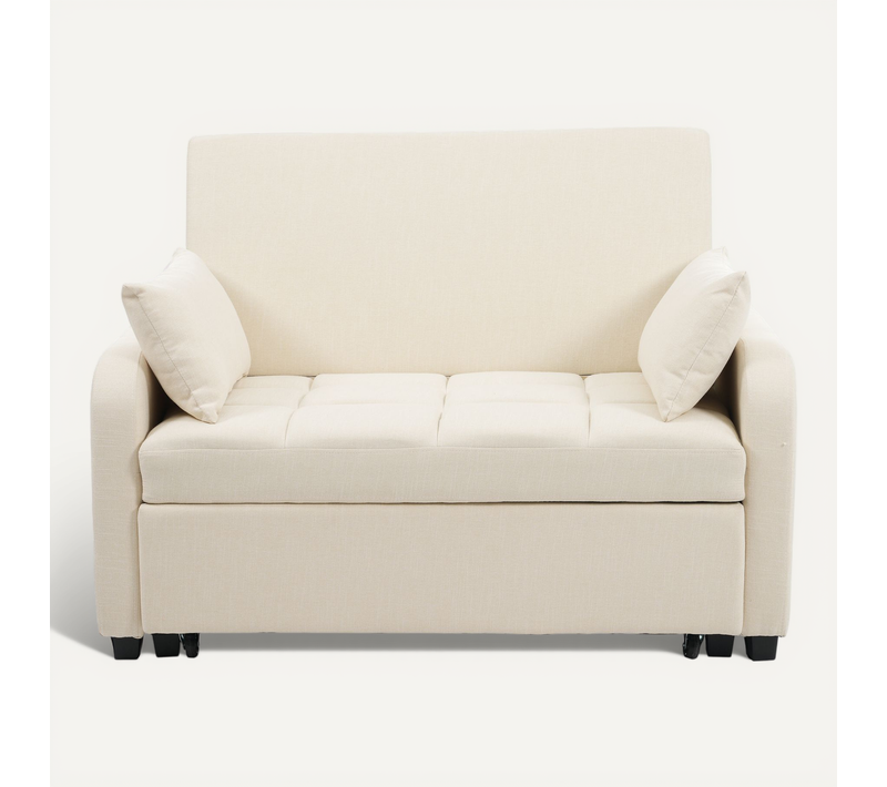 Canapé Droit Convertible 2 Places - Style Scandinave - Fonction Lit Et Dossier Réglable - Beige