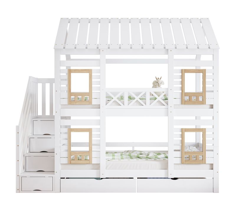 Lit Superposé Enfant 90x200 Cm - Cabane - Échelle - Anti-chute - Tiroirs - Blanc Naturel