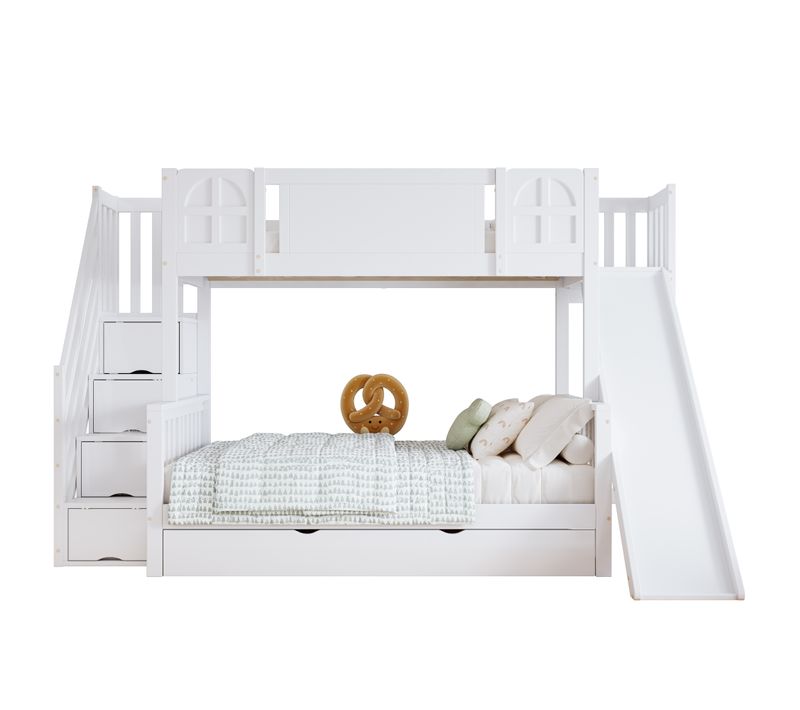 Lit Superposé Cabane 90×200 Cm - Toboggan - Escalier - Rangements Intégrés - Pin Et Mdf - Blanc