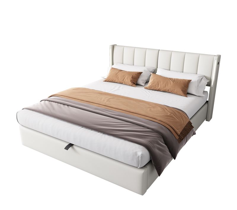 Lit Coffre 140x190 Cm - LED Intégrées - Coffre De Rangement - Structure Stable - Blanc