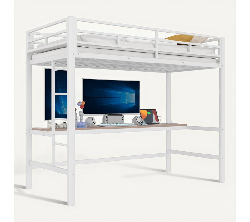 Lit Mezzanine 90x200 Cm Enfant Avec Bureau, Barrière De Sécurité Et LED - Métal Blanc