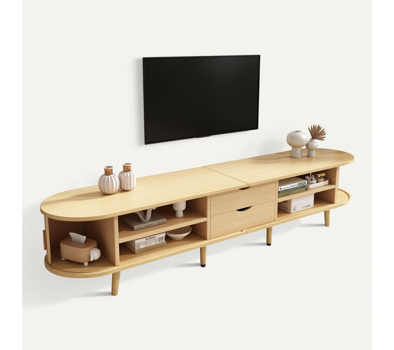 Meuble TV Bas 2 Tiroirs 2 Portes Coulissantes Étagères Réglables Plateau Arrondi Mdf Chêne