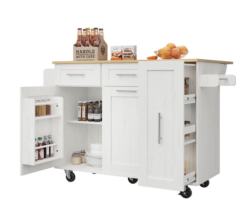 Îlot De Cuisine - Meuble Multifonction - Îlot Extensible - Espace De Rangement - Mdf Métal - Blanc