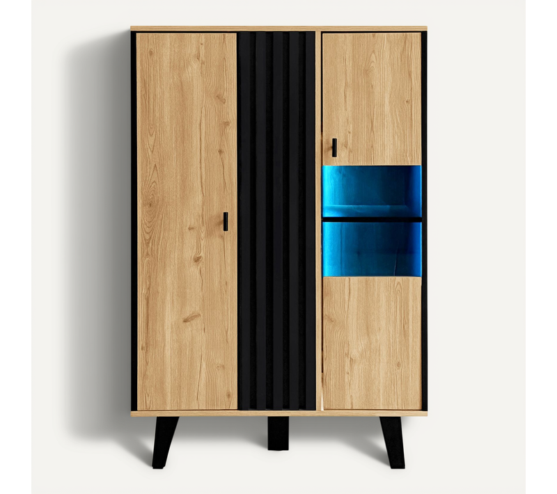 Buffet De Cuisine - Éclairage LED - Rangement Design - Salon Et Salle à Manger - Noir+naturel