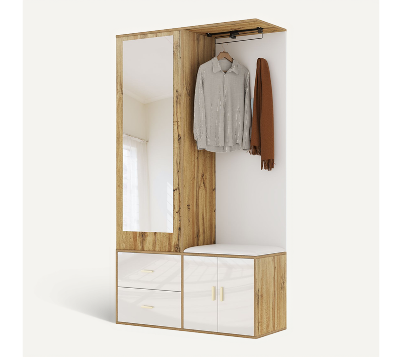 Vestiaire D’entrée - Miroir Avec Penderie Extensible Et Tiroirs Mdf Particules - Blanc + Naturel