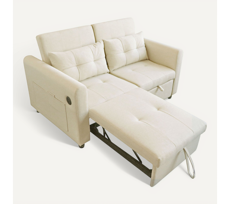Canapé-lit 2 Places Convertible - Canapé Pliable Avec Poches Latérales Et Dossier Réglable - Beige