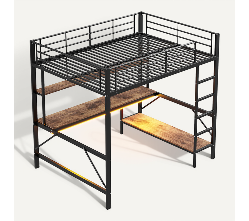 Lit Mezzanine 140x200 - Lit Ado/enfant En Métal - Bureau Et Étagères - LED Intégrée - USB - Noir