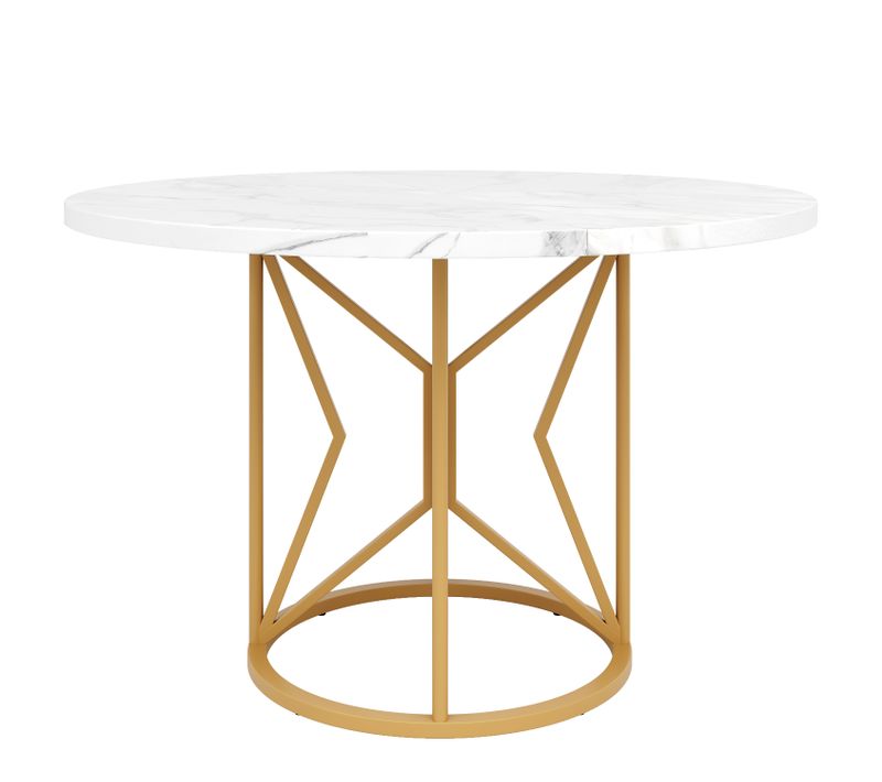 Table à Manger Ronde - Pieds Géométriques Métal - Plateau Mdf Marbré - Design Moderne - Blanc + Or