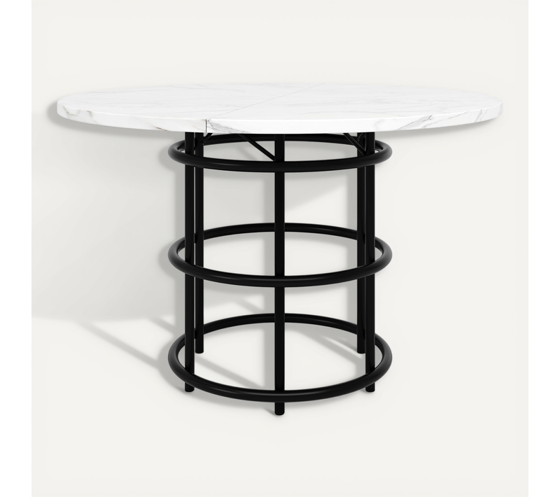 Table à Manger Ronde - Pieds Noirs - Plateau Effet Marbre - Design Moderne - Mdf - Blanc + Noir
