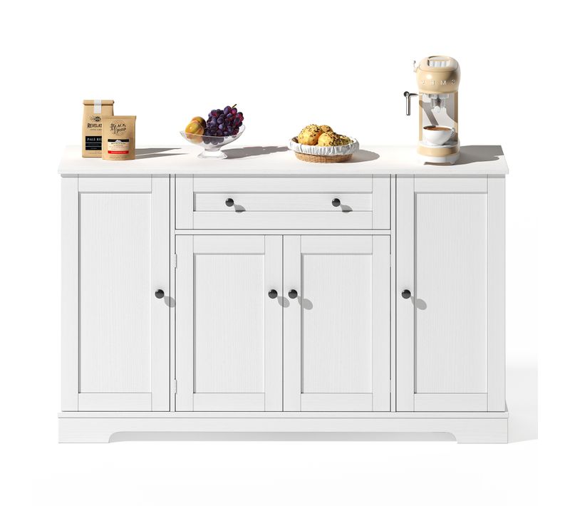 Buffet Cuisine Moderne, Tiroir Central Et Portes Battantes, Rangement Mdf+métal, Blanc, 138x40x85 Cm