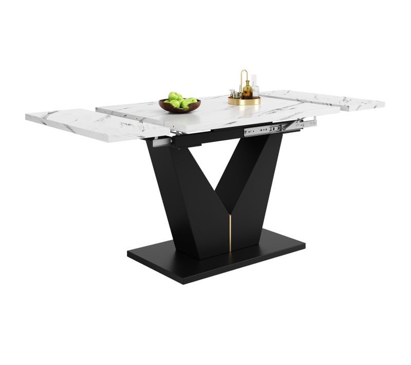 Table à Manger Extensible, Plateau Mdf Blanc, Pieds En V Noirs, Gain De Place Pour Salon Ou Bureau