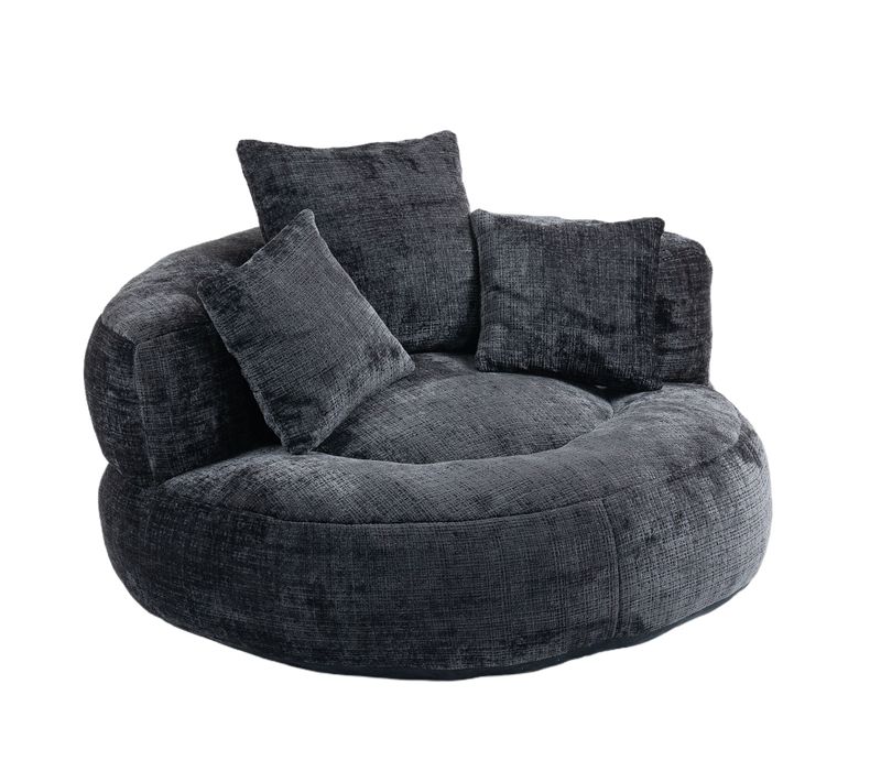 Fauteuil Pouf Cocooning 1 Place - 3 Coussins - Haut Dossier - Mousse Haute Densité - Chenille - Noir