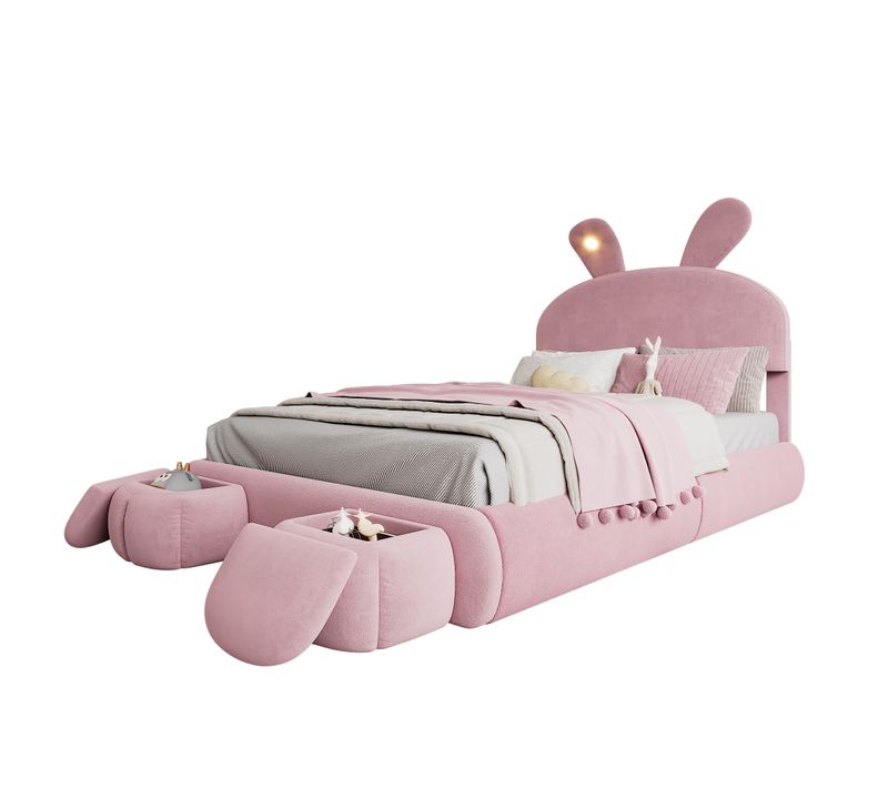 Lit Simple 140x200 Cm - Lit Junior Oreilles De Lapin Rembourré - 2 Tabourets - Velours Rose