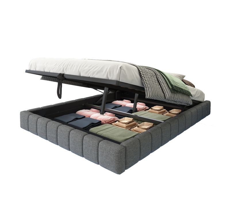 Lit Coffre 140x200 Cm - Lit Double Avec Rangement Et LED - Sommier Relevable - Tissu Gris