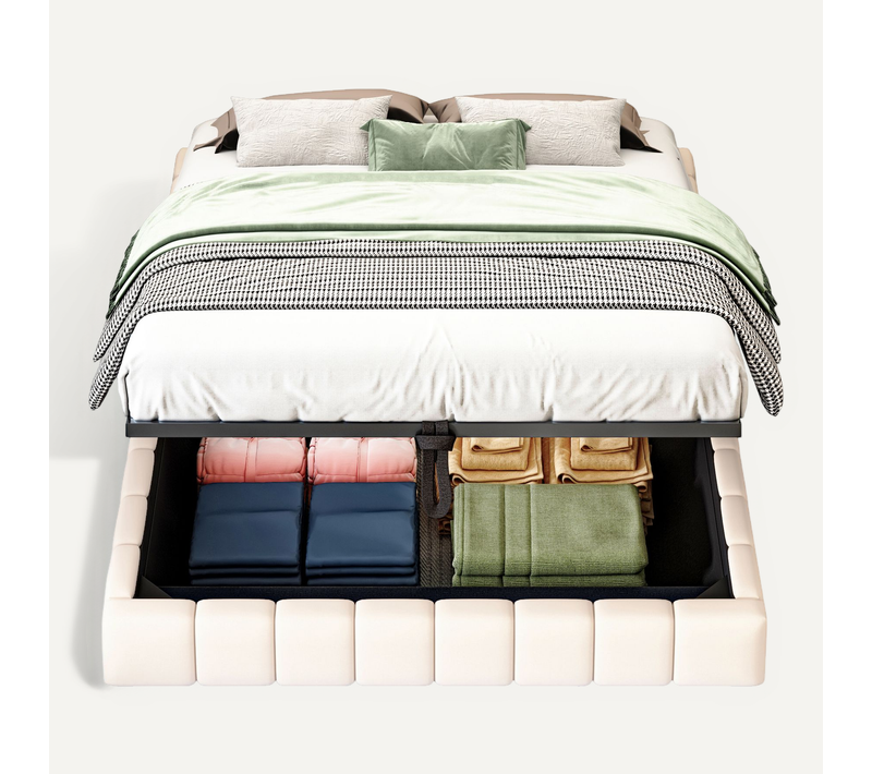Lit Coffre 140x200 Cm - Sommier à Ressorts - Coffre De Rangement - LED Incluse - Lin Beige