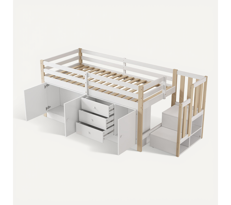 Lit Mi-Maut 90x200,Lit Enfant Avec Escalier, 2 Placards Et Tiroirs,structure Stable,blanc