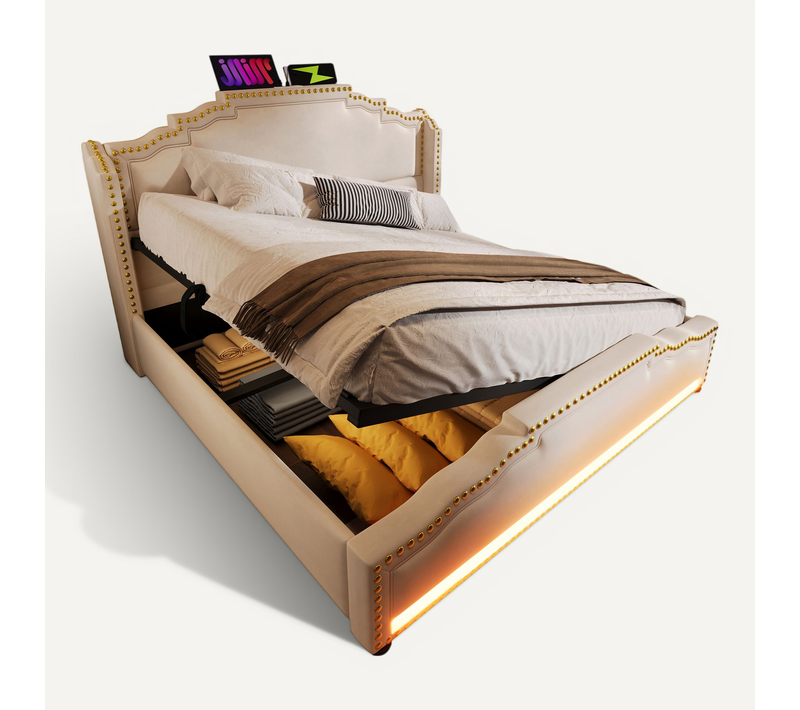 Lit Coffre 140x200 Cm - Capitonné LED Télécommandée - Ports USB-C - Design Moderne - Beige