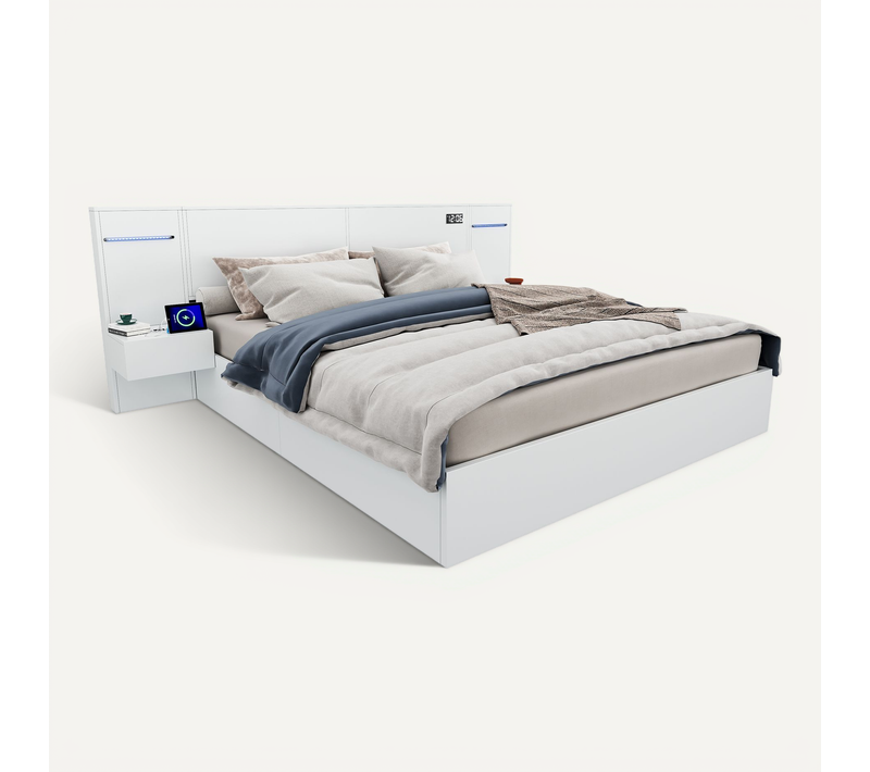 Lit Double 160x200 Cm - Lit Design Moderne Avec Bande LED Et USB - 2 Tables De Chevet - Blanc