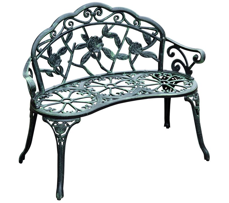 Banc De Jardin 2 Places En Métal Et Aluminium Moulé Vert Antique, Design Floral Romantique