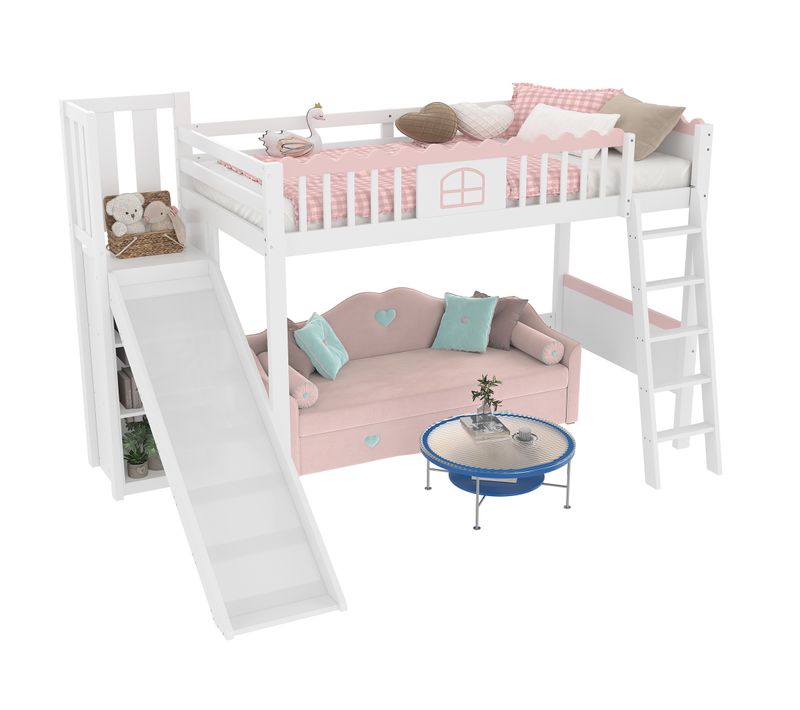 Lit Mezzanine 90x200 Cm - Lit Enfant Avec Toboggan - Étagère - Lumière LED - Blanc