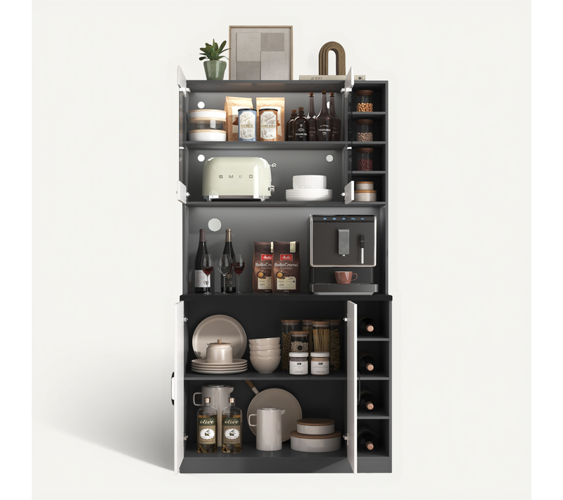 Buffet Haut De Cuisine - Meuble Indépendant - Éclairage LED - Passage De Câbles - Blanc + Noir