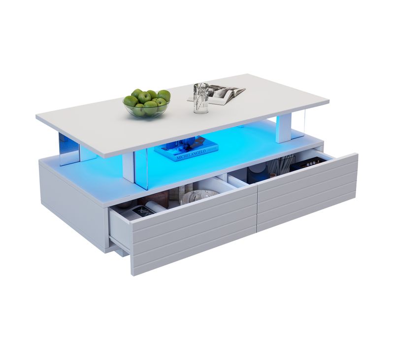 Table Basse Avec Tiroirs Et LED App, Design Acrylique, Blanc, 100×50×42,5 Cm