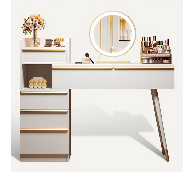 Coiffeuse Avec Miroir Lumineux, Table Maquillage Contemporaine 2 Tiroirs, Meuble Gain De Place