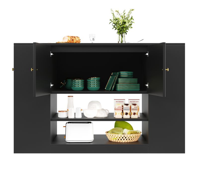 Îlot De Cuisine - Chariot De Cuisine - Tiroirs Profonds - Étagères Ouvertes - Rangement - Mdf - Noir