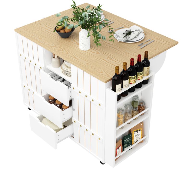 Îlot De Cuisine Sur Roulettes - 3 Tiroirs - 2 Portes Coulissantes - Meuble De Rangement - Mdf Blanc