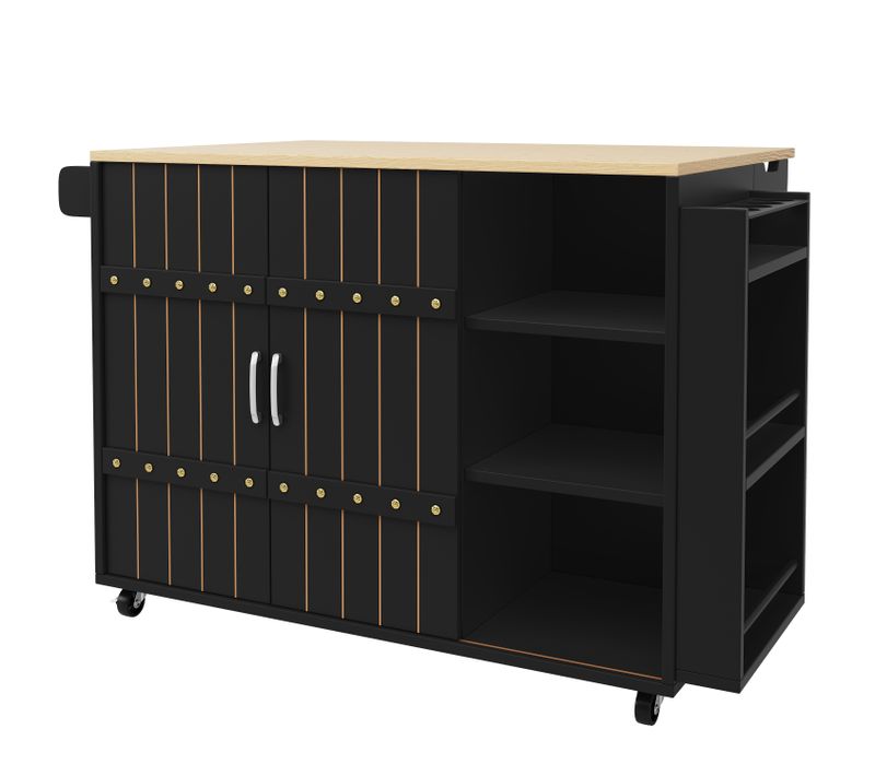 Îlot De Cuisine - Chariot Tiroirs Portes Coulissantes - Plan De Travail Étagère Épices - Mdf - Noir