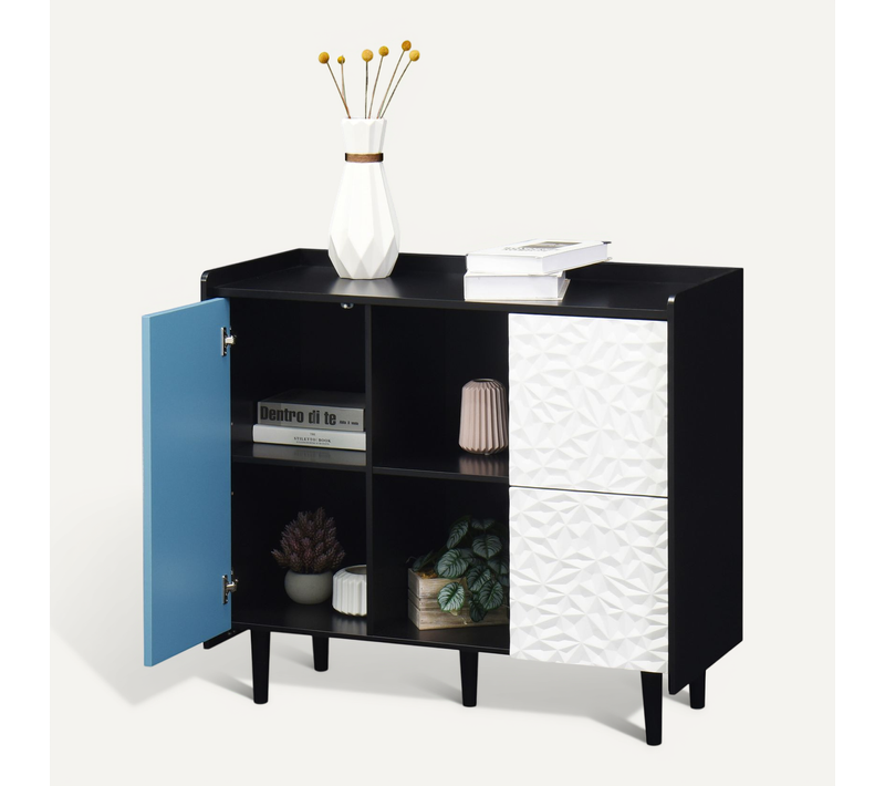Buffet 2 tiroirs, portes bleues, meuble moderne à 2 compartiments, 90x40x80 cm, noir/bleu