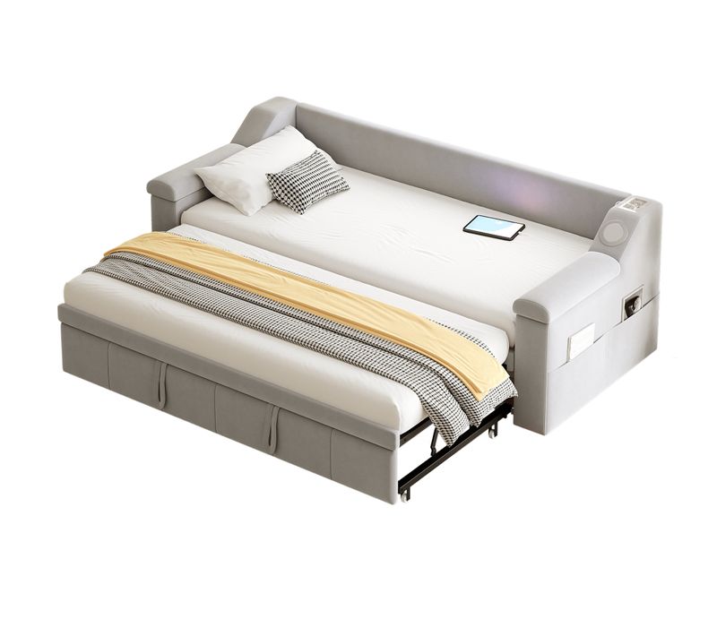 Lit Gigogne 90/180x190 - Port USB - Accoudoirs Larges - Système Audio Bluetooth - Velours Gris Clair