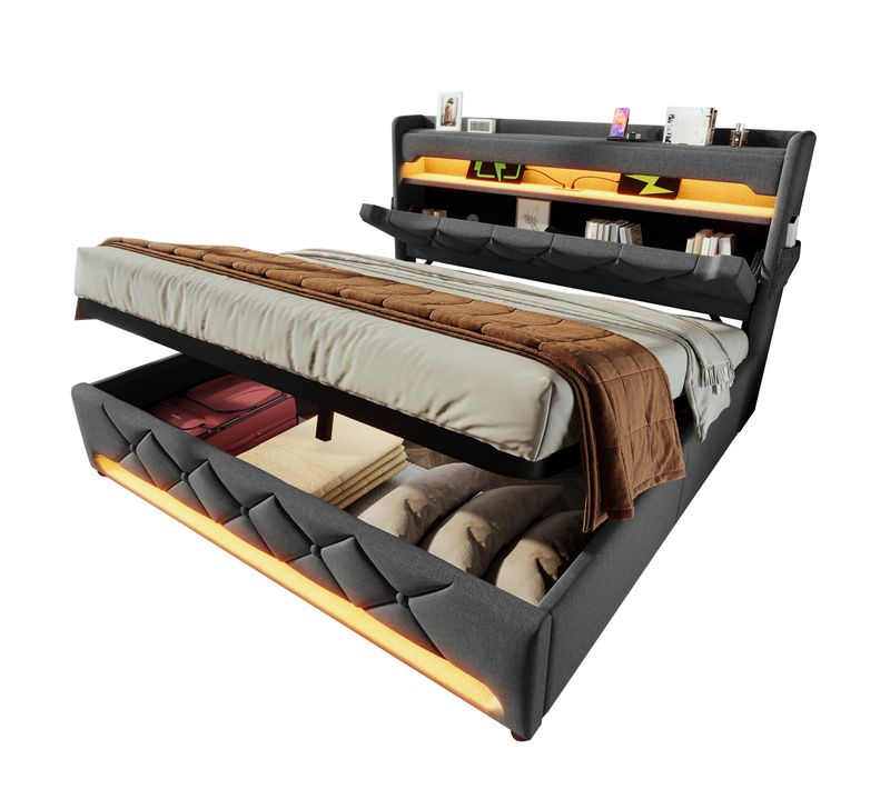 Lit Coffre 160x200 Cm - LED Et USB Type-c - Lit Double Capitonné Moderne - Lin - Gris