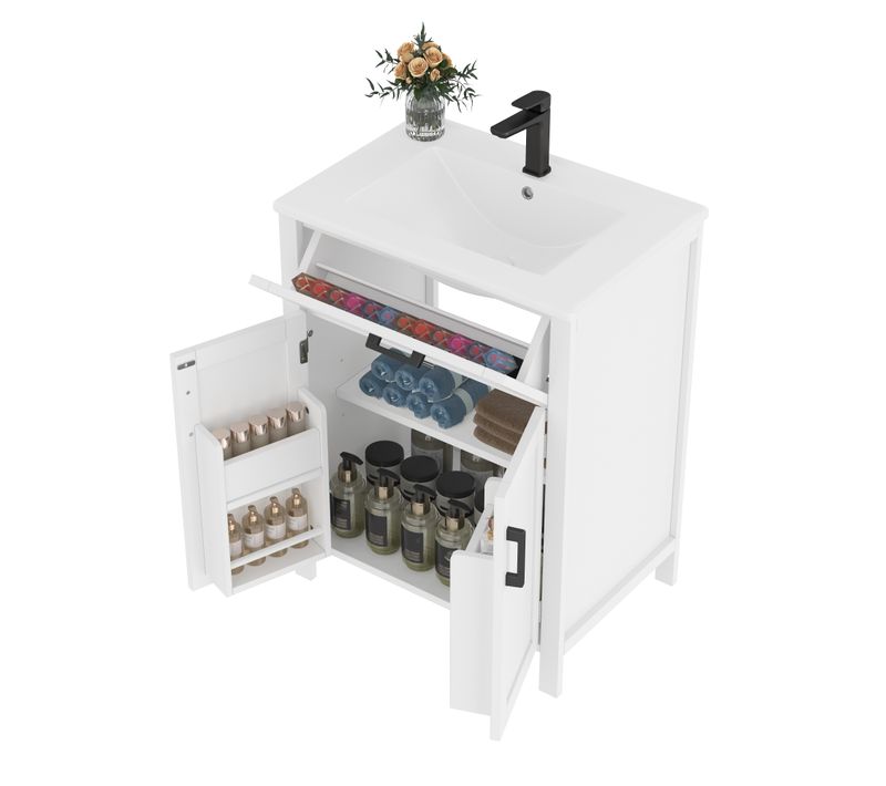 Meuble De Salle De Bain 2 Portes 1 Tiroir Avec Lavabo Encastré, Blanc