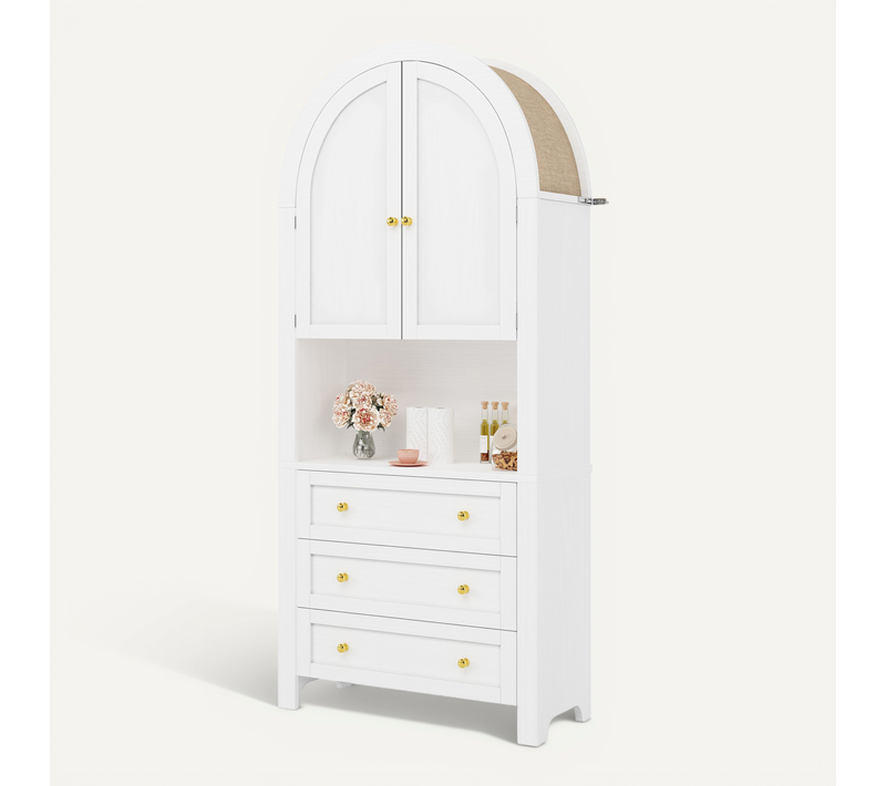 Buffet Haut - Armoire De Rangement - 3 Tiroirs - 2 Portes - Étagère Ouverte -cuisine Et Salon -blanc