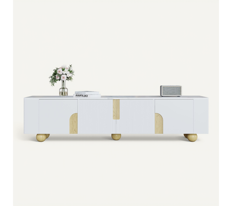Meuble TV Design Élégant Avec 4 Portes, Surface Effet Marbre, Mdf Et Panneau De Particules