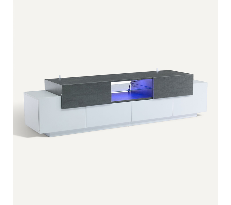 Meuble TV LED - Avec Tiroirs Et Étagères - Panneau Particules + Verre Trempé - Blanc Gris