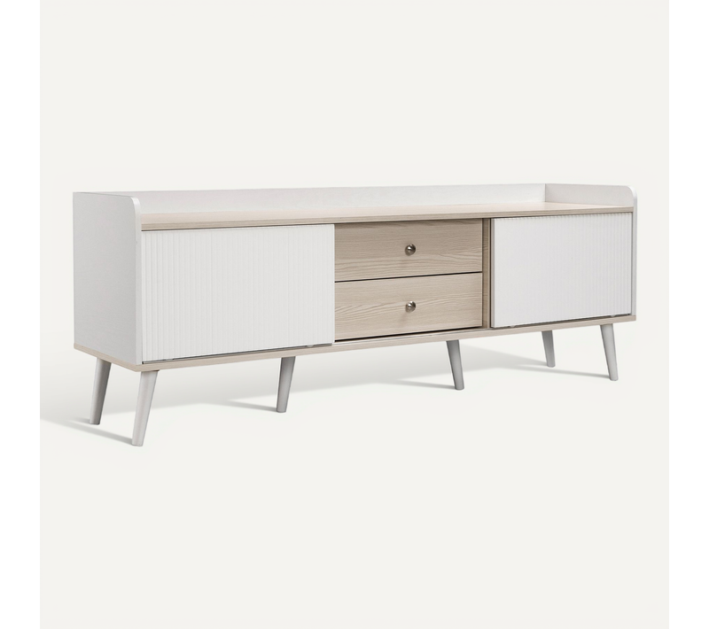 Meuble TV - Moderne - 2 Tiroirs - Portes Coulissantes - Rangement - Panneaux De Particules - Blanc
