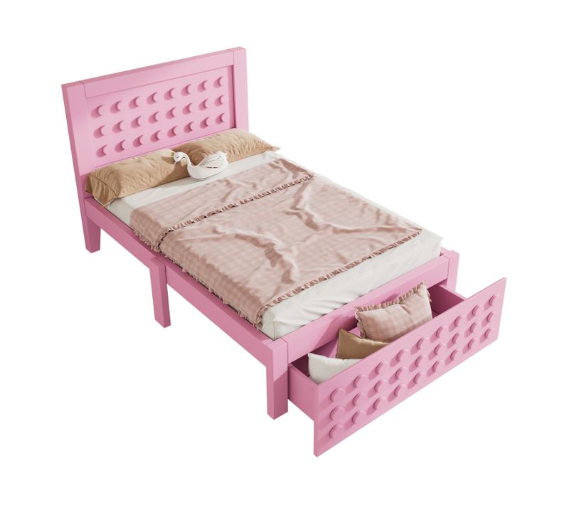 Lit Avec Rangement 90x200 Cm - Simple Avec Tiroirs - Design Décoratif - Mdf + Bois - Rose