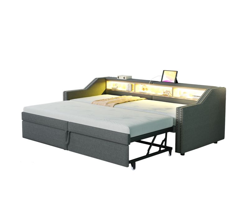 Lit Gigogne 90/180x200 Cm - Avec Éclairage LED Et Port USB, Extensible, Lin - Gris Foncé
