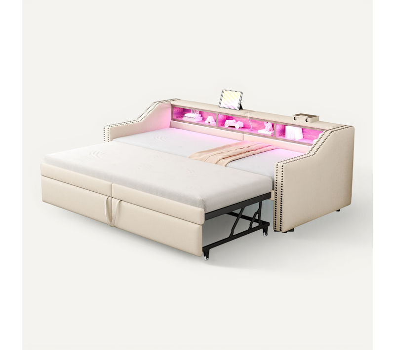Lit Gigogne 90/180x200 Cm - Avec LED Et Prise USB, Lit Déco Avec Coffre De Rangement - Beige
