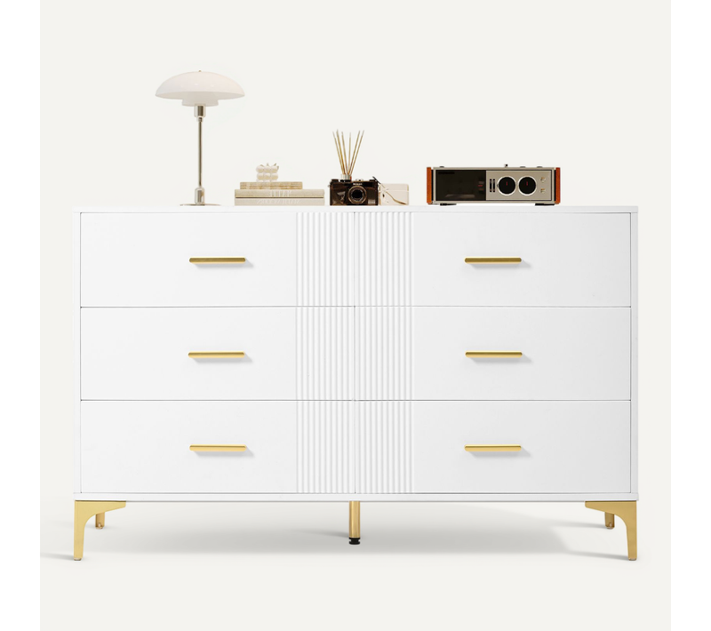 Commode - Rangement Moderne Avec 6 Tiroirs - Pieds Dorés - Pour Salon Ou Chambre - Blanc