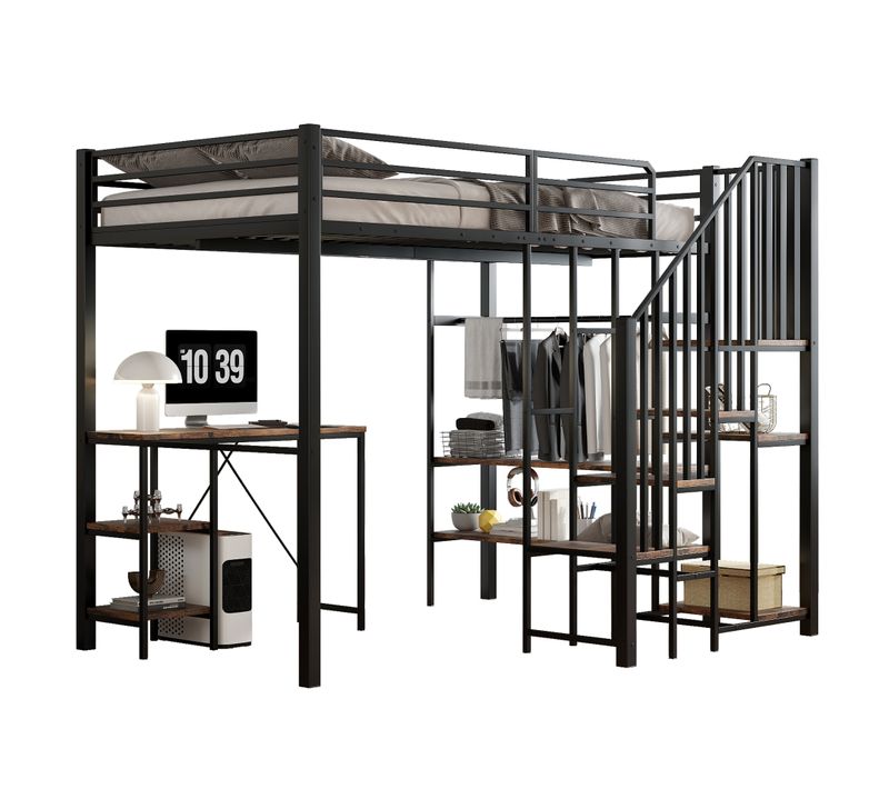 Lit Mezzanine 120x200 Cm - Bureau Intégré - Étagères - Rangement - Métal Et Bois - Noir Bois