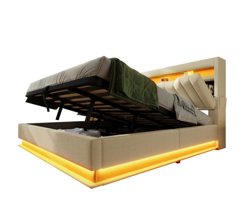 Lit Coffre 140x200 Cm - Rangement Intégré Et LED - Lit Capitonné Avec USB Type-c - Lin - Beige