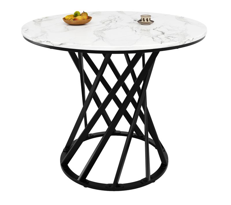 Table à Manger Ronde Moderne, Plateau Mdf Marbré, Pieds Métal Noir, 80 X 80 Cm, Blanc Et Noir