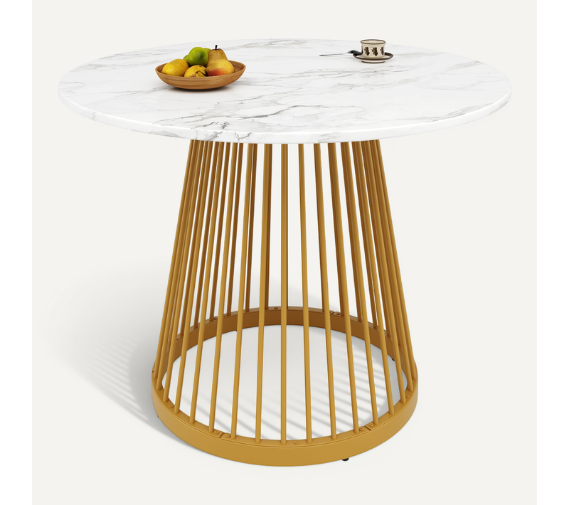 Table à Manger Ronde - Design Moderne - Plateau Mdf Marbré - Pieds Métal - Blanc + Or