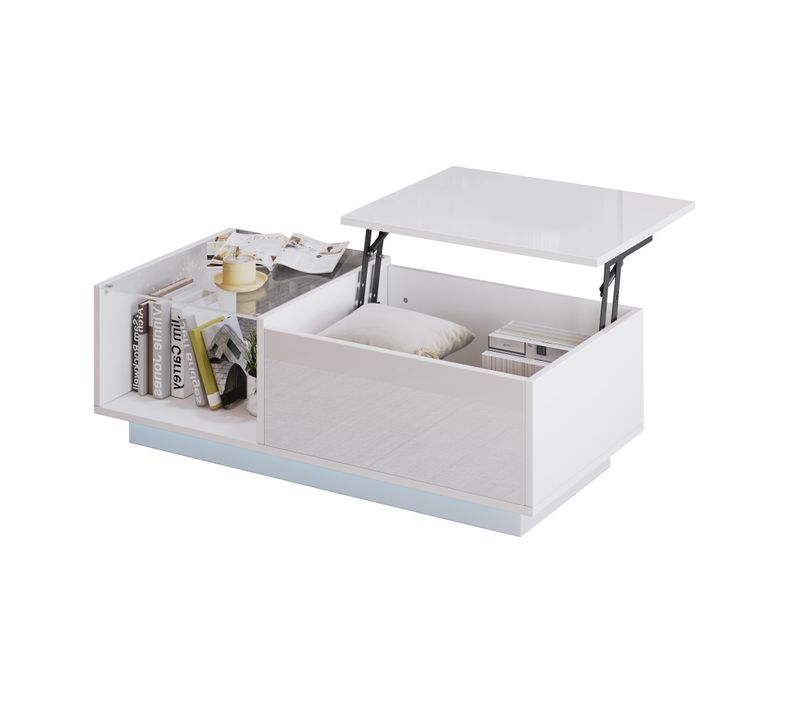 Table Basse - Meubles Avec Éclairage LED Et Compartiment Caché - Table Réglable En Hauteur - Blanc