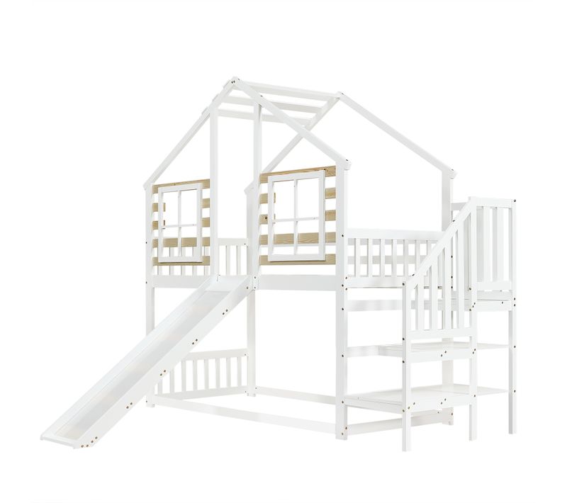 Lit Superposé 90x200 Cm - Lit Simple Enfant Avec Échelle, Balustrade, Toboggan Latéral - Blanc