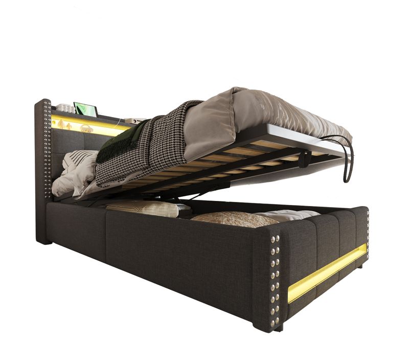 Lit Coffre 90x200 Cm - Lit Enfant LED Et USB, Tête Avec Étagère Et Rangement - Gris